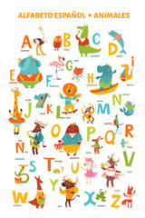 Fototapeta na wymiar Spanish language alphabet poster with cartoon animals