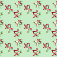 Seamless regular creative pattern with bud of dry red flower  alstroemeria on green.
