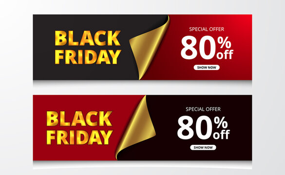 black friday sale offer discount poster banner template with golden wrap paper with red and black background for elegant luxury commerce