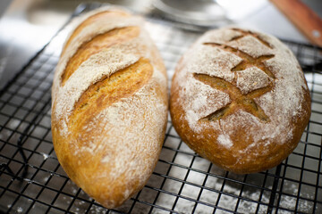 Artisan breads on cooling rack