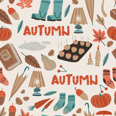 Fall seamless pattern with cozy nature elements.