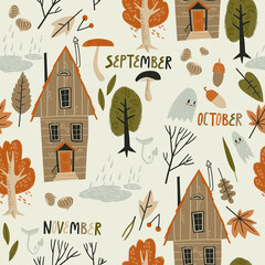 Fall seamless pattern with cozy nature elements.