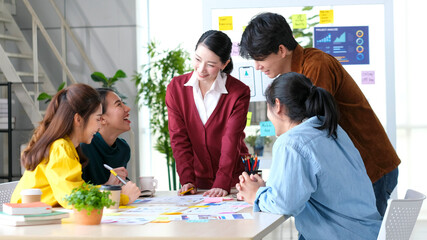 Brainstorm planing creative asian teamwork, Group of asia mobile phone app developer team meeting...