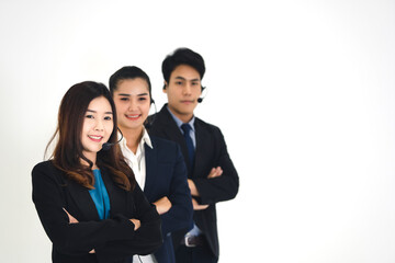 Business asian team customer call center service and telephone sales department on white background.