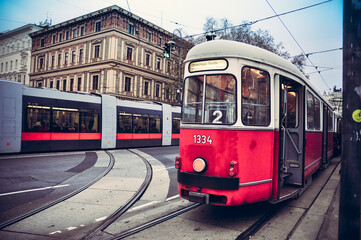 Fototapeta na wymiar Wien, Austria - Ringstrasse street and view of the red tram