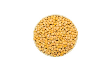 Soy bean in bowl isolated on white background. Top view