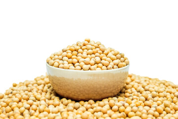 Soy bean in bowl isolated on white background.
