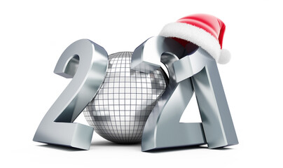 New Year 2021 santa hat Disco ball on a white background 3D illustration, 3D rendering
