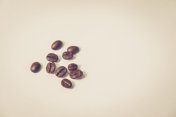 Closeup shot of coffee beans on background. Seed nature from above view. Group agriculture grain arabica. Photos from the top view.