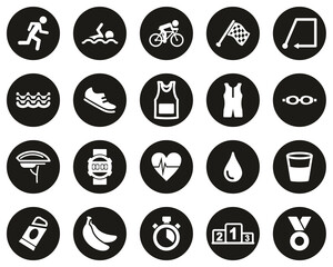 Triathlon Race & Equipment Icons White On Black Flat Design Circle Set Big