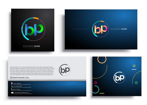 Letter BP logotype with colorful circle, letter combination logo design with ring, sets of business card for company identity, creative industry, web, isolated on white background.