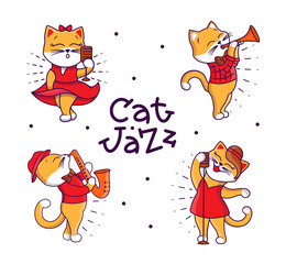 Naklejka premium Set of funny Retro Family. Cartoonish cats playing jazz