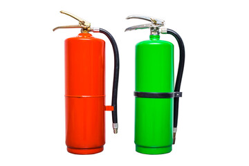 Red and green fire extinguishers of various safety and emergency related isolated on white background with cut out.