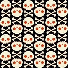 Fototapeta na wymiar Seamless pattern with human skull and bones. Cute vector halloween ornament in flat style. Stock illustration for wrapping paper, textile, background, wallpaper, scrapbooking.