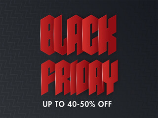Red Paper Cut Black Friday Text with 40-50% Discount Offer on Dark Grey Zig Zag Pattern Background for Sale.