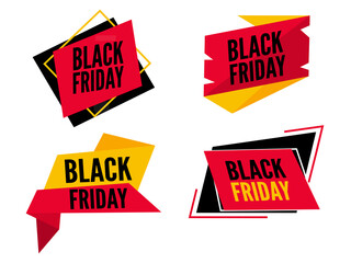 Black Friday Label, Ribbon or Sticker Set in Red and Yellow Color.