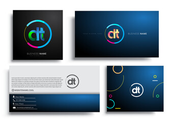 Letter DT logotype with colorful circle, letter combination logo design with ring, sets of business card for company identity, creative industry, web, isolated on white background.
