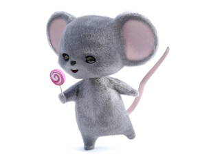 3D rendering of a cute smiling mouse holding lollipop.