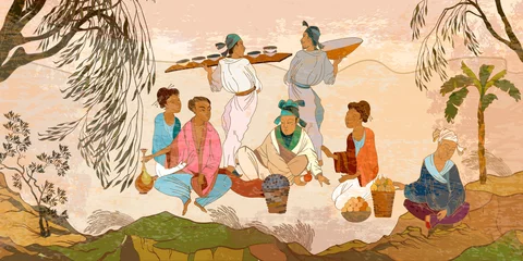 Antikes China. Klassische Wandzeichnung. Wandmalereien und Aquarelle im asiatischen Stil. Handgezeichnete Vektorillustration. Orientalische Menschen. Tee-Zeremonie. Traditionelle chinesische Malerei. Tradition und Kultur Asiens © Matrioshka