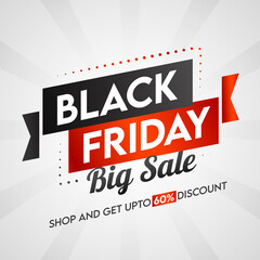 Black Friday Big Sale Poster Design with 60% Discount Offer on White Rays Background.