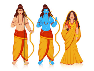 Hindu Mythology Lord Rama with His Wife Sita and Brother Laxman Giving Blessings Together in Standing Pose on White Background.