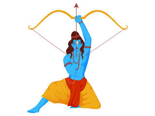 Illustration of Lord Rama Holding Bow Arrow on White Background. - obrazy, fototapety, plakaty