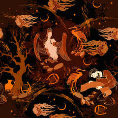Ancient Greece mythology seamless pattern. Red figure techniques. Greek vase painting. Old science and education