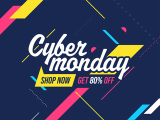 Cyber Monday Font with 80% Discount Offer on Abstract Blue Background for Sale.