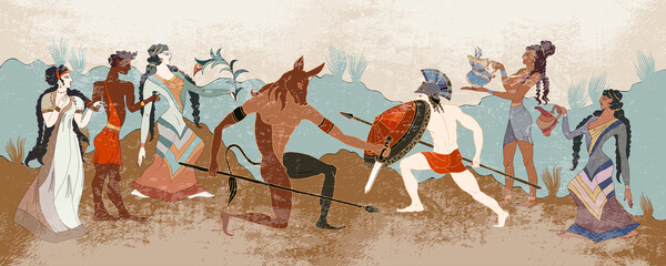 Ancient Greece scene. Hunting for a Minotaur, gods, fighter. Knossos murals mythology - obrazy, fototapety, plakaty