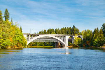Autumn landscape of bridge and Kymijoki river waters in Finland, Kouvola, Koria