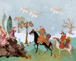 Horsemen and oasis. Fairy tales and legends of the Middle East. Medieval miniature. Mughal art. Persian frescoes. Travel of heroes. Ancient civilization murals. Ottoman Empire