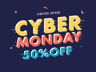 Naklejka na ściany i meble Glitch Style Cyber Monday Text with 50% Discount Offer on Blue Background for Sale. Advertising Poster Design.