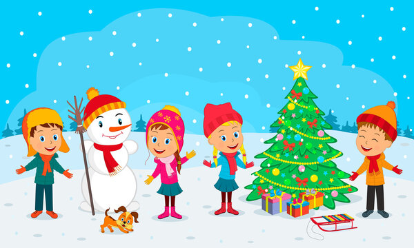 kids, boys and girls, snowman and christmas tree on the winter background