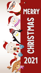 Merry Christmas and happy new year 2021 Vertical with cute Santa Claus with reindeer, White bear, snowman, penguin.