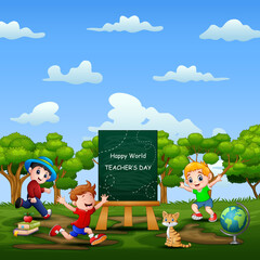 Happy World Teacher day on sign with happy kids playing
