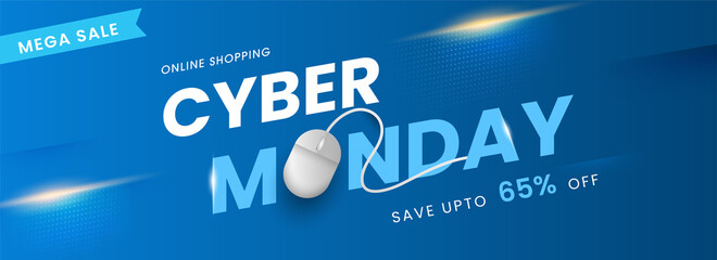 Online Shopping Cyber Monday Text with Realistic Mouse and 65% Discount Offer on Blue Background for Mega Sale. - Powered by Adobe