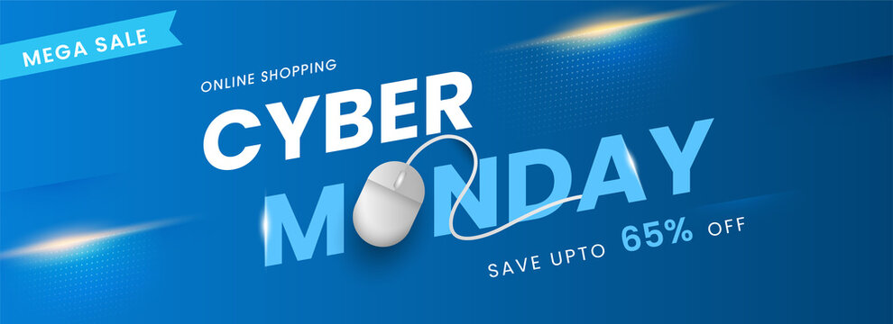 Online Shopping Cyber Monday Text with Realistic Mouse and 65% Discount Offer on Blue Background for Mega Sale.