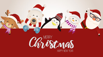 Fototapeta na wymiar Merry Christmas and happy new year with cute Santa Claus with reindeer, White bear, snowman, penguin.
