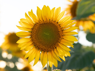 Bright yellow sunflower in the field against the sky. Beautiful sunflower close-up