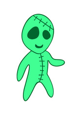 Vector cute green zombie in cartoon style. Outline doodle illustration isolated on white background. For halloween design, greeting card