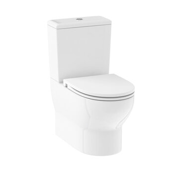 WC. White Ceramic Toilet With Flush And Closed Seat Cover