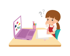 Girl feeling confused and thinking. Cute kid doing his homework. Study online class while pandemic era corona virus. Flat style vector.