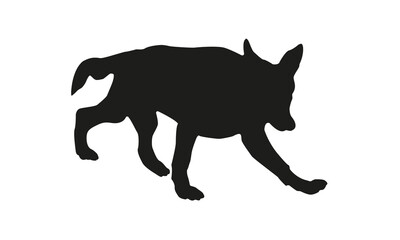 Black dog silhouette. Running german shepherd dog puppy. Isolated on a white background.