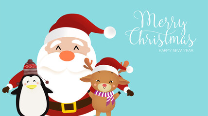 Merry Christmas and happy new year with cute Santa Claus, reindeer, penguin.