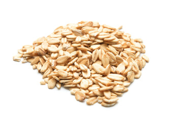 Raw oatmeal on white background