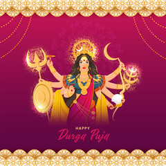 Hindu Mythological Goddess Durga Maa Sculpture and Paper Cut Mandala Decorated on Maa Durga Hindi Text Pattern Background for Happy Durga Puja.