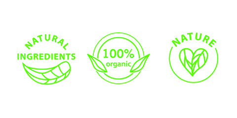 Vector collection of badges for applying on natural products and cosmetics. Icons natural ingredients, 100% organic, nature.