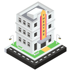 
Comedy mask with building denoting theater in isometric icon
