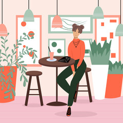 Happy smiling woman in modern clothes sitting at the restaurant or cafe vector flat cartoon illustration.