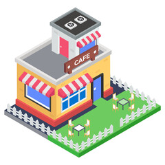 
Refreshing hot coffee stall or shop, isometric icon of cafe
